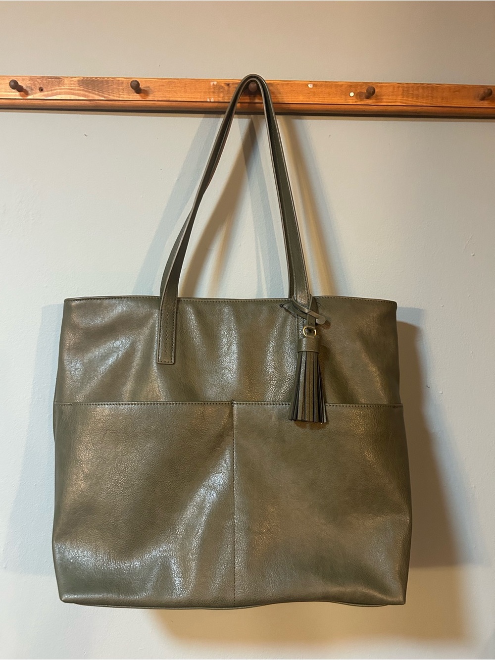 Sonoma Everyday Muted Olive Leather Tote Bag with Tassel